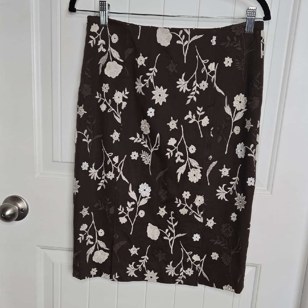 Etcetera Cream & Chocolate Brown Embroidered Cotton Pencil Skirt – Boho Elegance - Picture 6 of 11